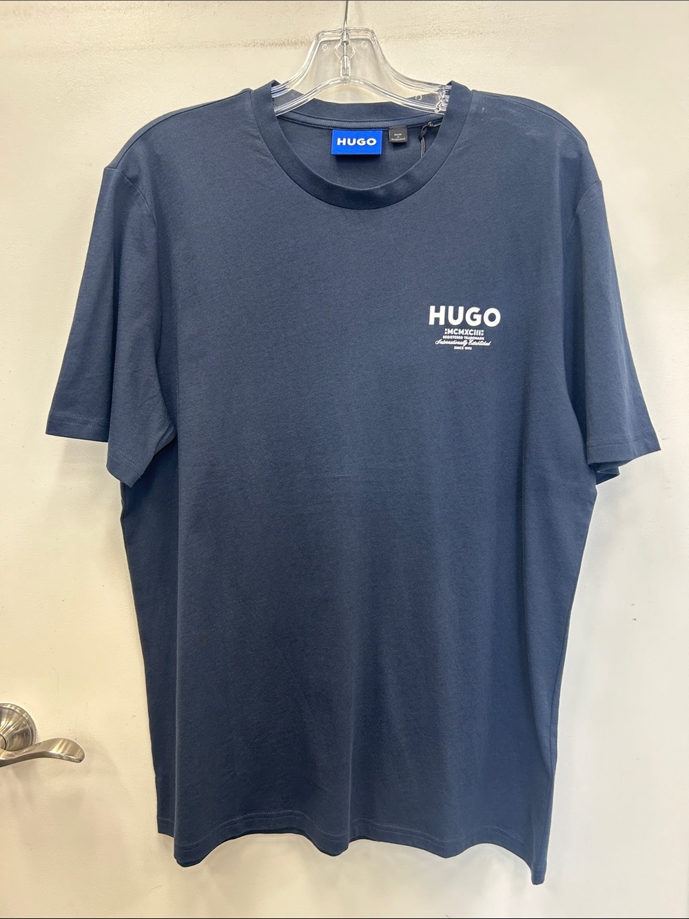 HUGO Navy Short-Sleeve Crew with White Chest Logo NWT